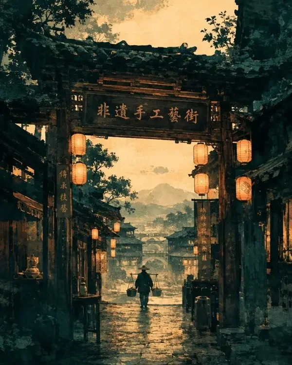 91短剧手机版取景地:古城匠艺长街入口的木牌与纸灯笼